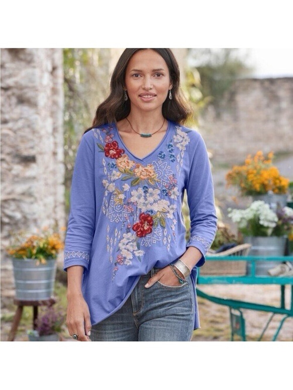 Johnny Was Keegan Embroidered 3/4 Sleeve Tee Light Purple Size XXL Boho Bohemian